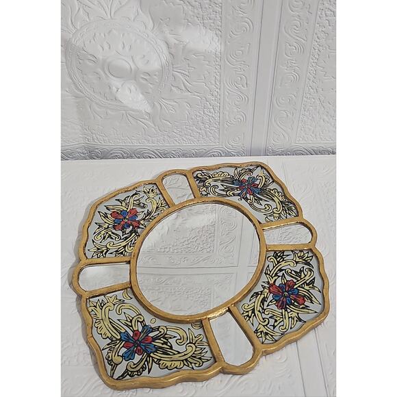 Vintage Reverse Painted Round Mirror Floral Scrollwork Gold Scalloped Frame - Picture 10 of 11